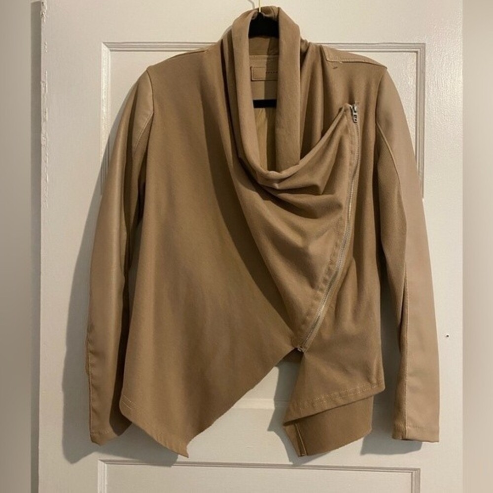 Blank NYC Champagne Blush Faux Leather Sweater Draped Asymmetrical Zip Jacket